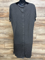 Front view of grey Frida delivery and nursing gown on black mannequin, button-front nursing access, one size, wood backdrop