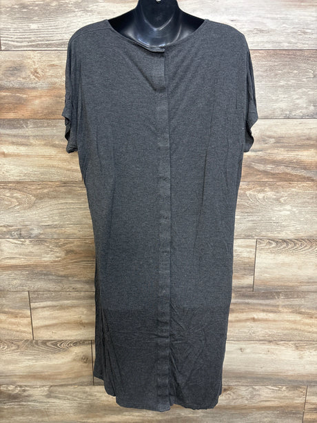 Front view of grey Frida delivery and nursing gown on black mannequin, button-front nursing access, one size, wood backdrop
