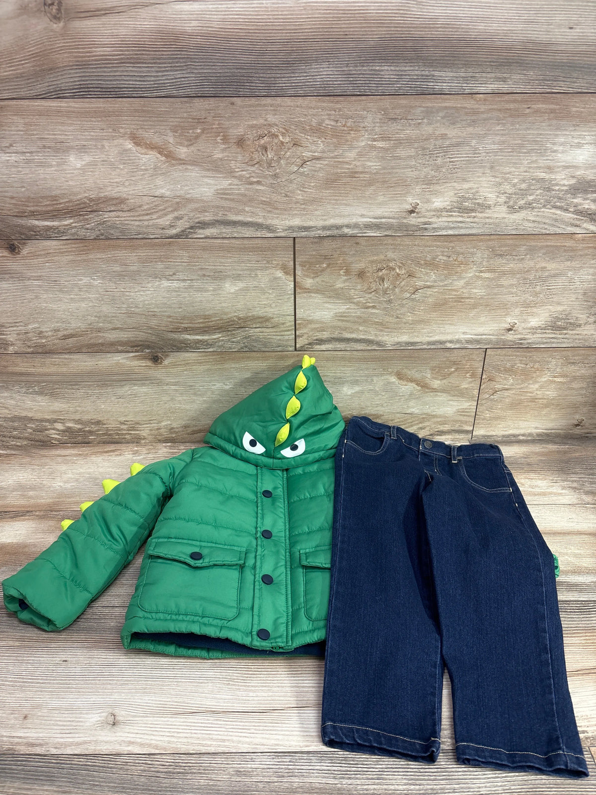 Little Me 2pc green dinosaur puffer jacket and navy blue jeans set for toddlers