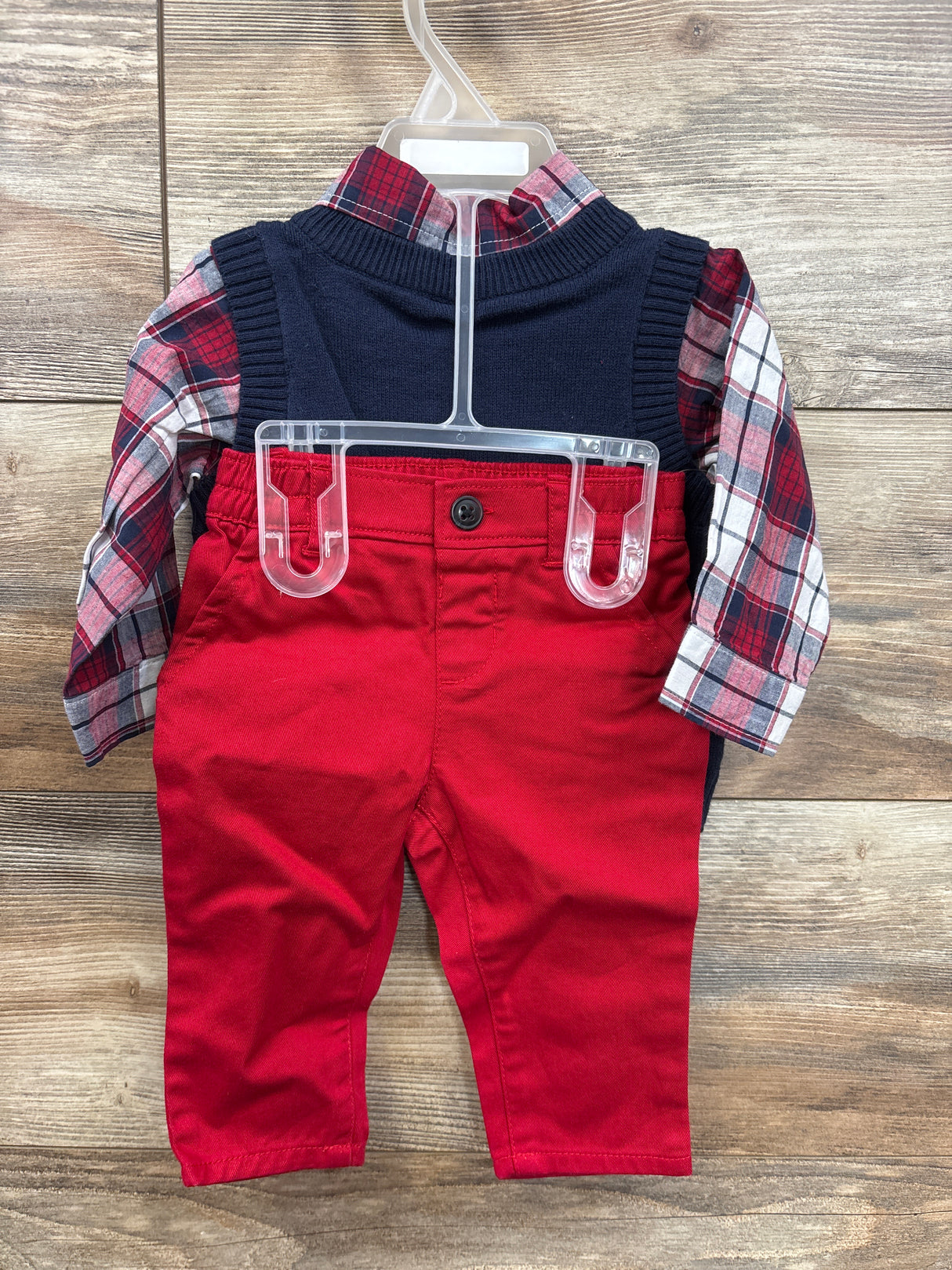 NEW Children's Place 2pc Plaid Button Up Shirt Vest & Bottoms Set Red sz 3-6m