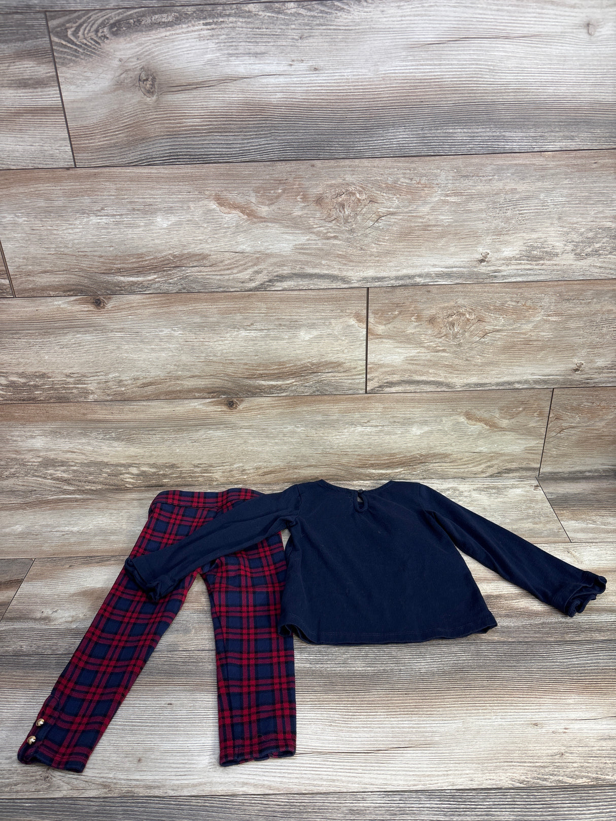 Janie & Jack Tartan Bow Top & Button Cuff Ponte Pant in Dark Marine