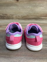 Rear view of Just One You Butterfly light-up sneakers size 3C showing pink and purple uppers, pull tabs and white soles on wooden surface
