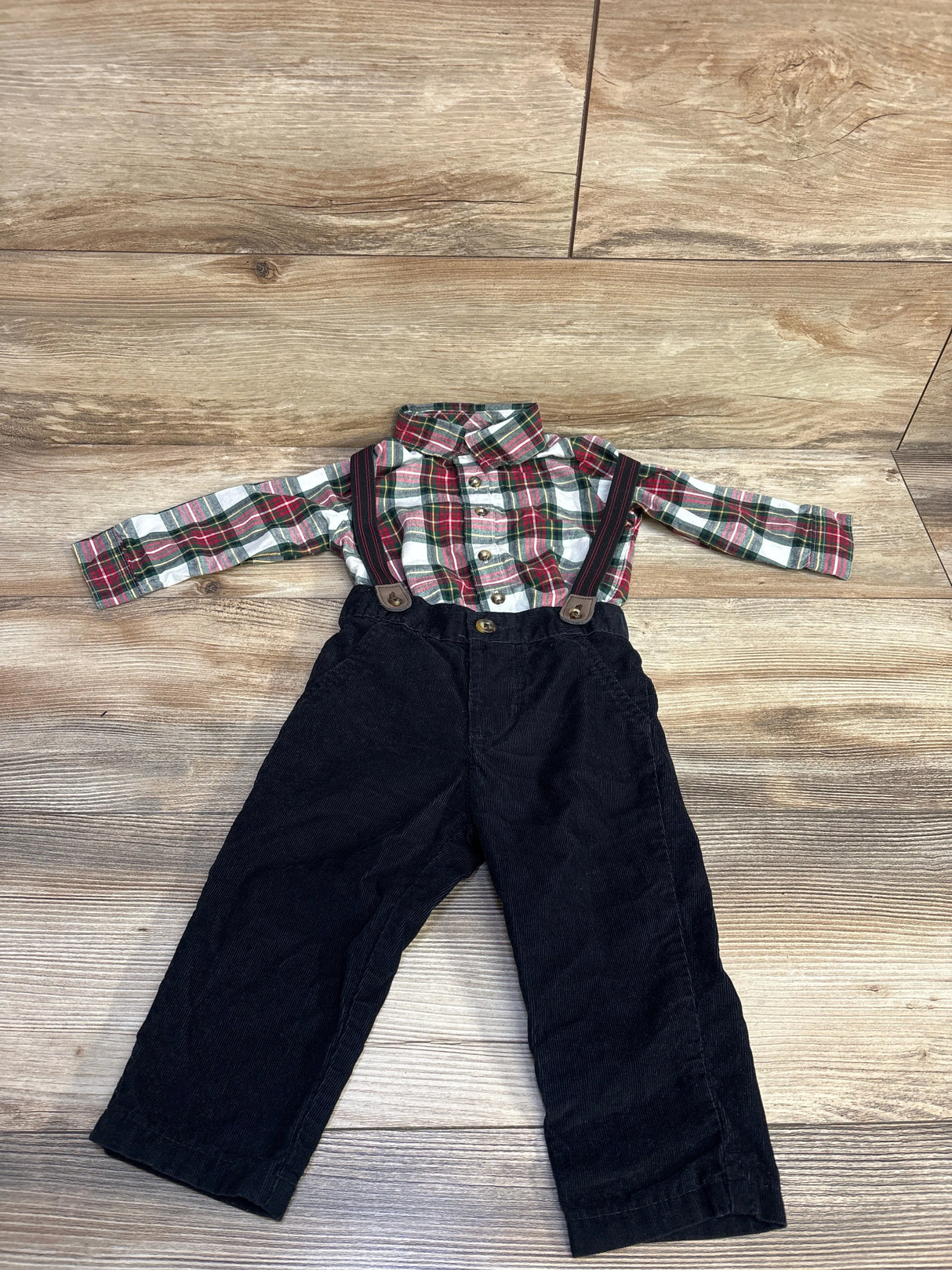 Just One You 2pc Plaid Bodysuit & Cord Suspenders Set Green & Red sz 12m