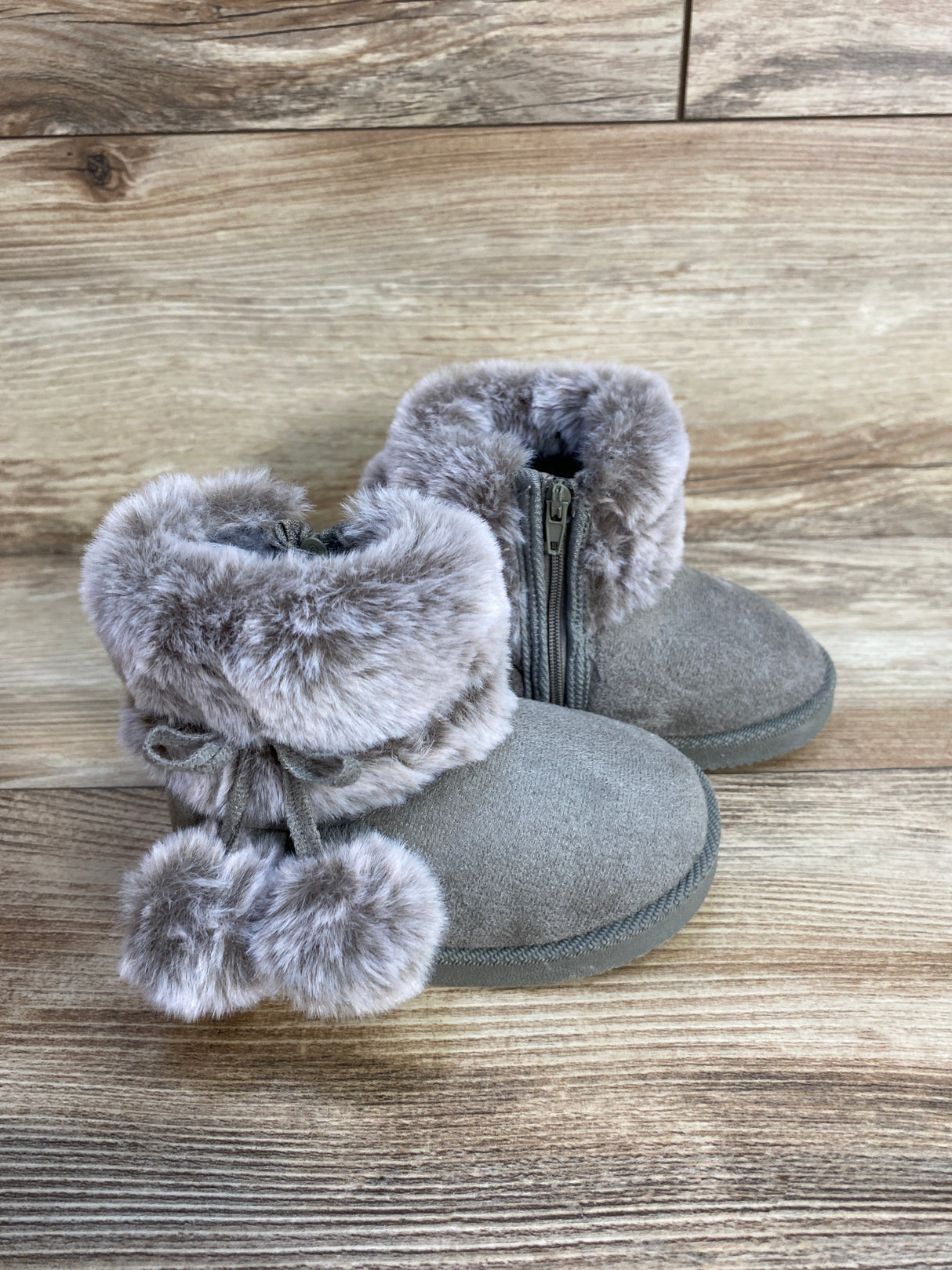 First Steps by Stepping Stones Pom Pom Faux Fur Boots, Grey sz 4c