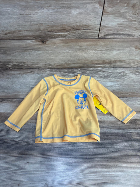 Yellow Mickey Mouse long sleeve rash guard with blue trim, kids swimwear for sun protection