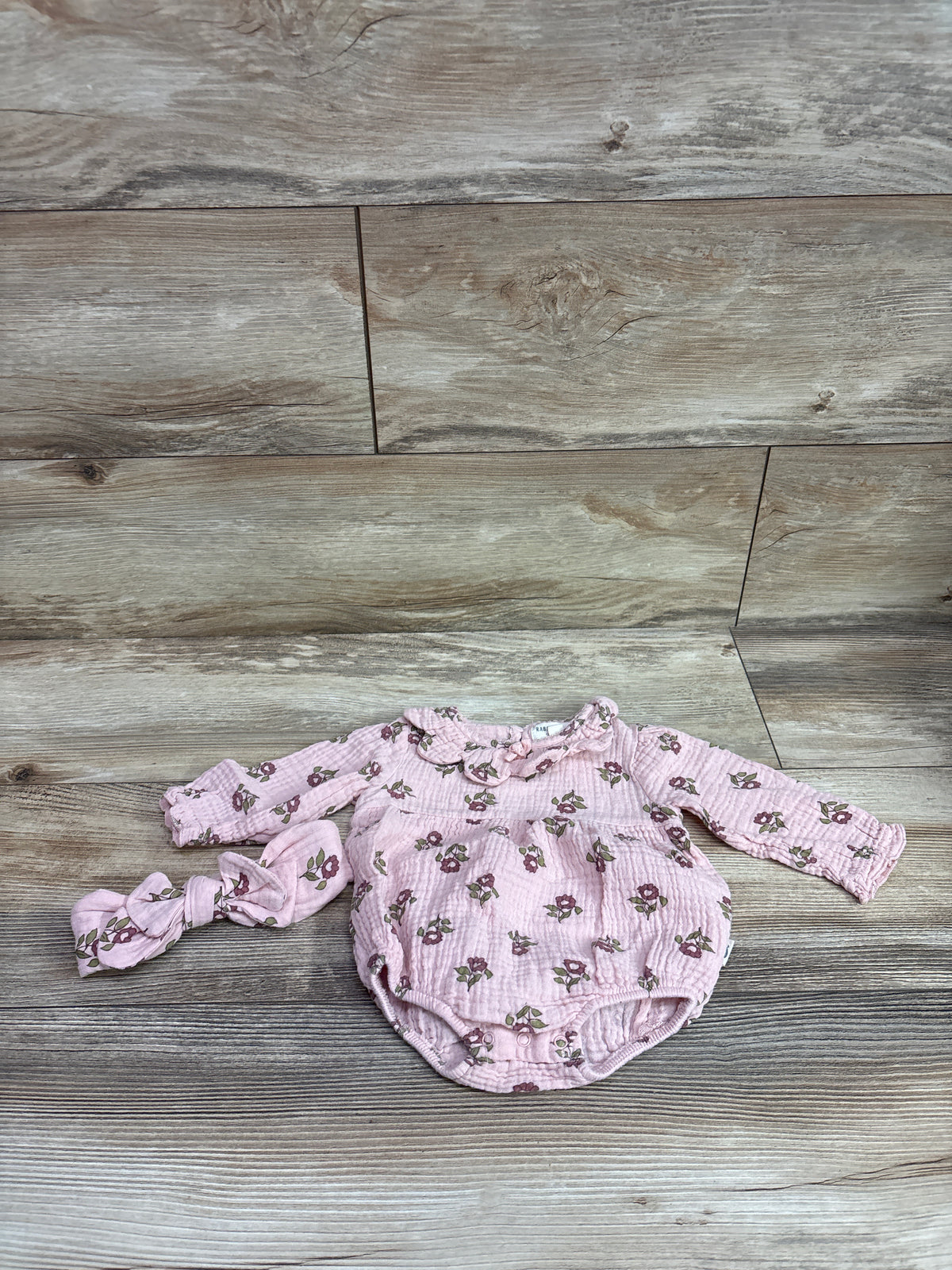 Rabbit + Bear Organic 2pc Gauze Romper & Headband Set Pink sz 6-9m