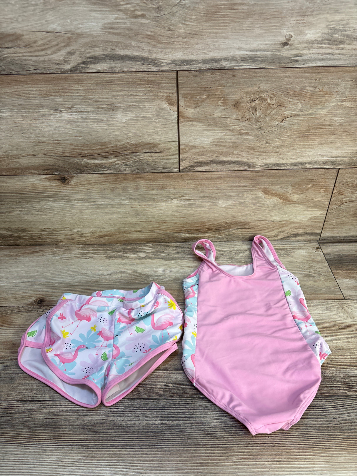 2pc Flamingo Print Swimsuit & Shorts Set Pink sz 4T