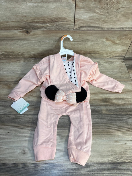Pink baby girl outfit with polka dot top, ruffle cardigan, and bow pants for 12M