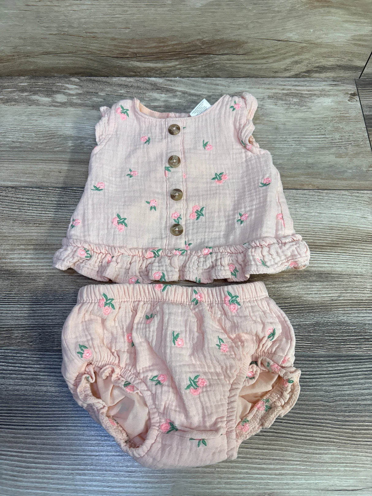 Nicole Miller 2pc Gauze Button-Front Peplum Top & Bloomers Set Peach sz 3/6m