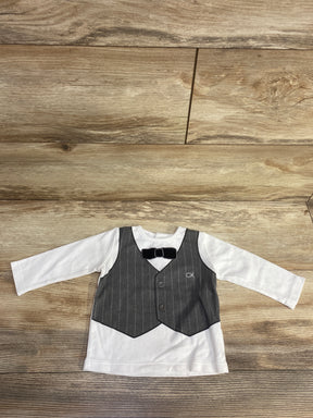 White infant long-sleeve shirt with gray vest print, black bow tie detail, CK logo, on wood floor