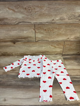 2pc Ruffled Ribbed Heart Print Shirt & Bottoms Set White sz 9-12m
