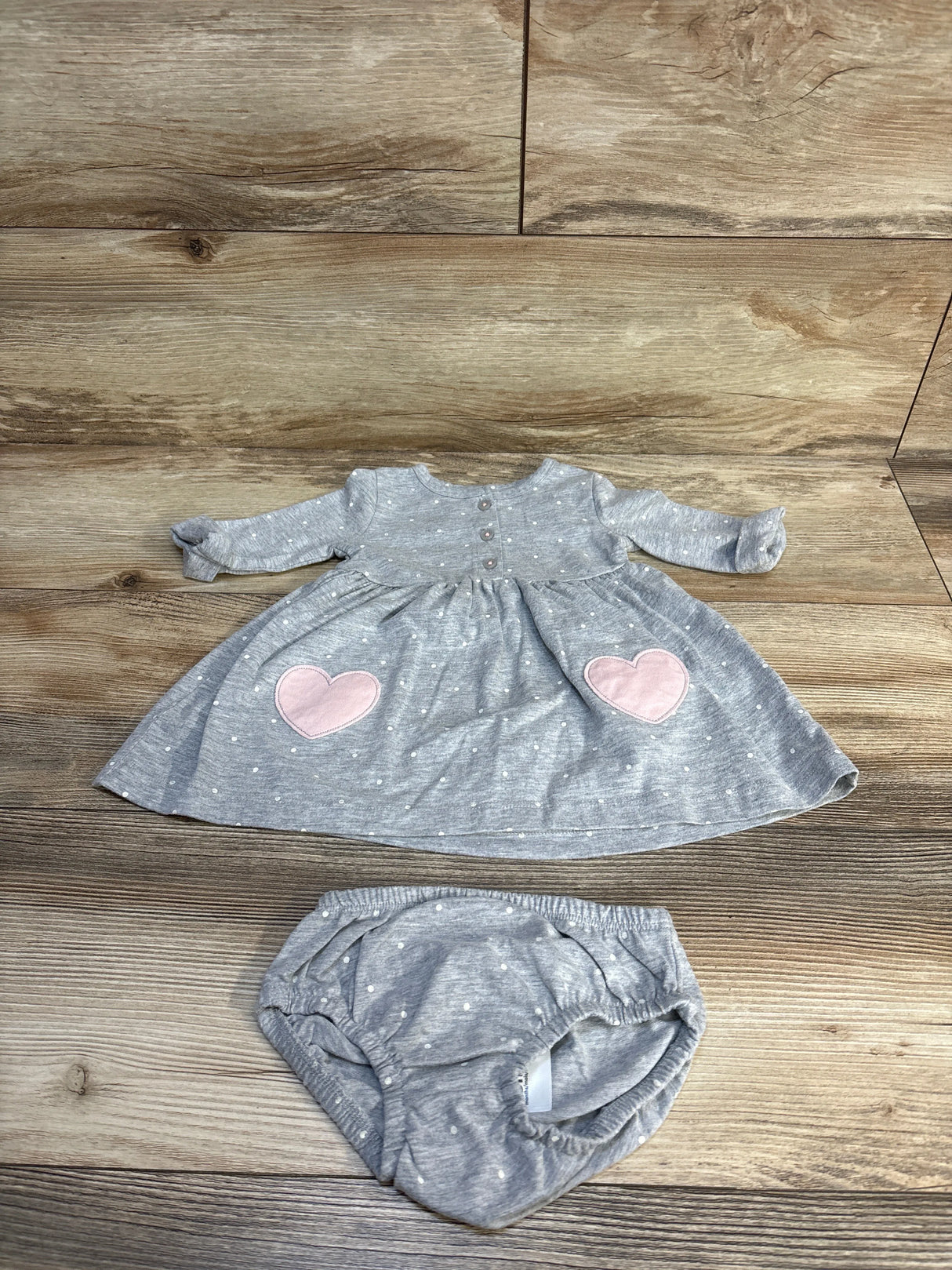 Gray polka dot baby dress with pink hearts and matching bloomers