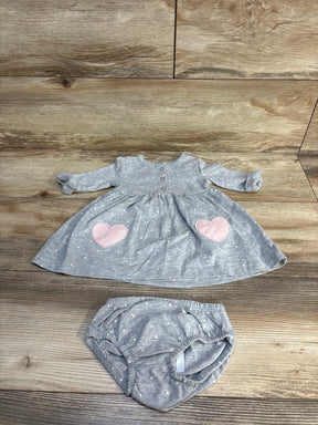 Gray polka dot baby dress with pink hearts and matching bloomers