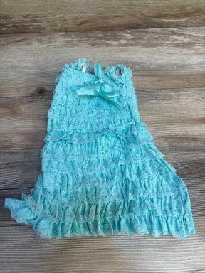 Aqua blue lace ruffle toddler dress with bow on wood background, gently used kids clothing