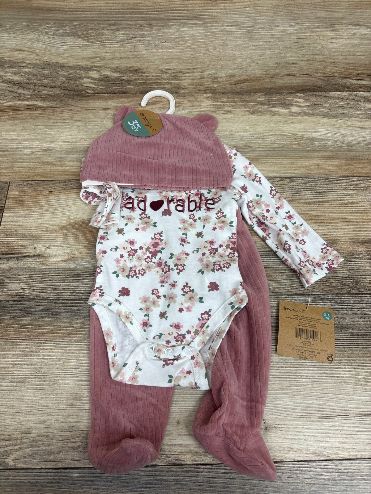 NEW Dream Gro 3pc Bodysuit, Footed Pants, & Hat Set White sz 3/6m