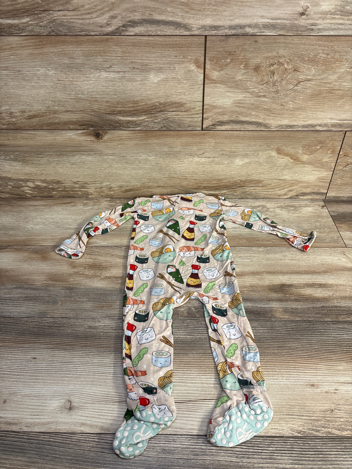 Bums & Roses On A Seafood Diet Bamboo Footie Beige sz 9-12m