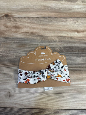 Angel Dear floral baby headband with autumn-colored flowers on white fabric, displayed on cardboard packaging