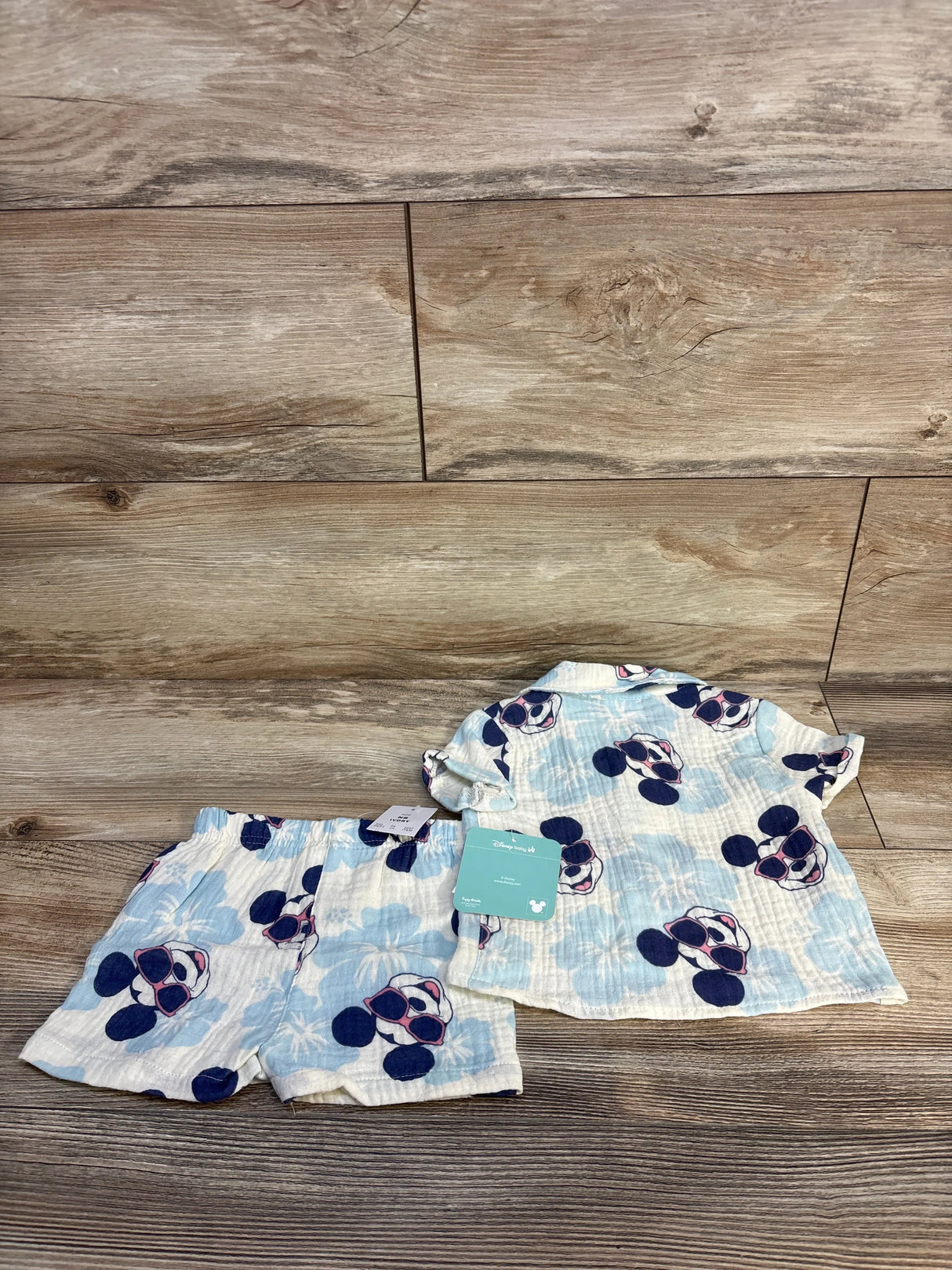 Disney baby Mickey Mouse sunglasses print top and shorts set for newborn, soft cotton, blue and white