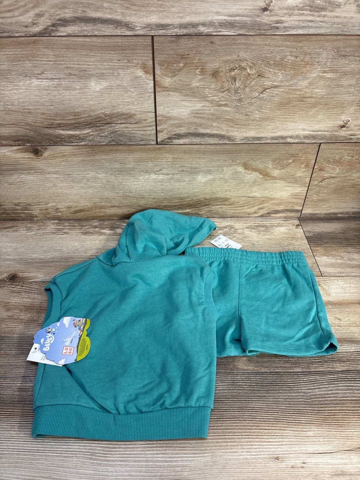 NEW Bluey 2pc Are We There Yet Sleeveless Pull Over Hoodie & Bottoms Set Teal sz 12m