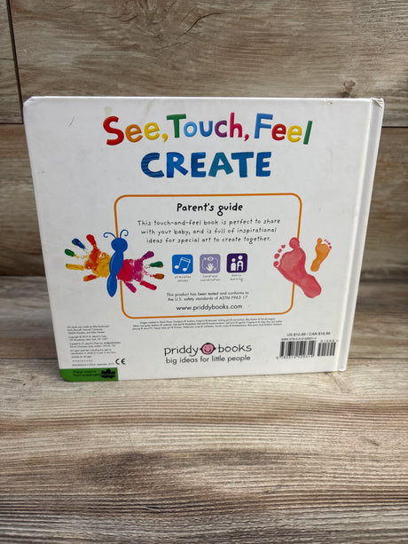 Back of See, Touch, Feel: Create board book with colorful title, painted hand and footprints, and parent’s guide on wood