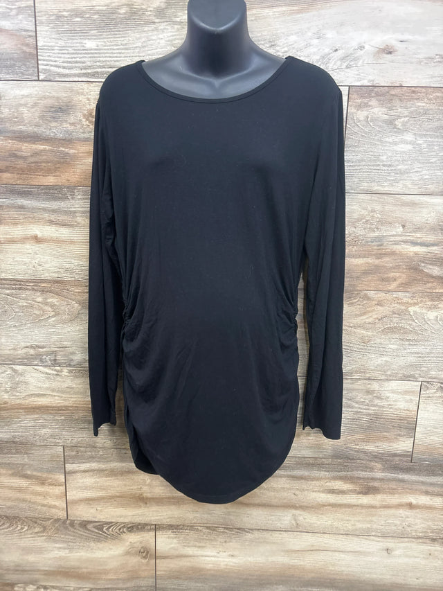 Black long sleeve maternity top with side ruching, displayed on mannequin for kids & maternity resale