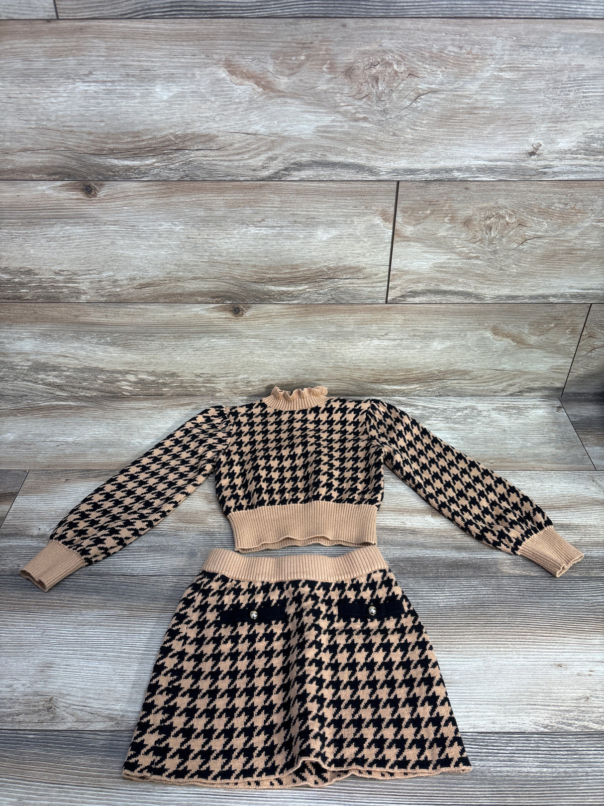 Janie & Jack Houndstooth Cropped Sweater & Skirt Set Tan sz 3T
