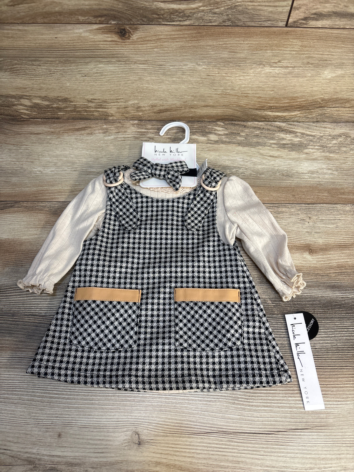 NEW Nicole Miller 3pc Houndstooth Sweater Knit Dress & Headband Set Beige sz 3-6m