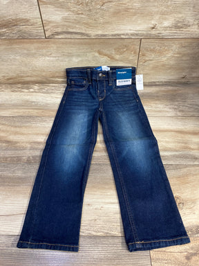Kids dark wash straight leg jeans with tags, displayed on wood background