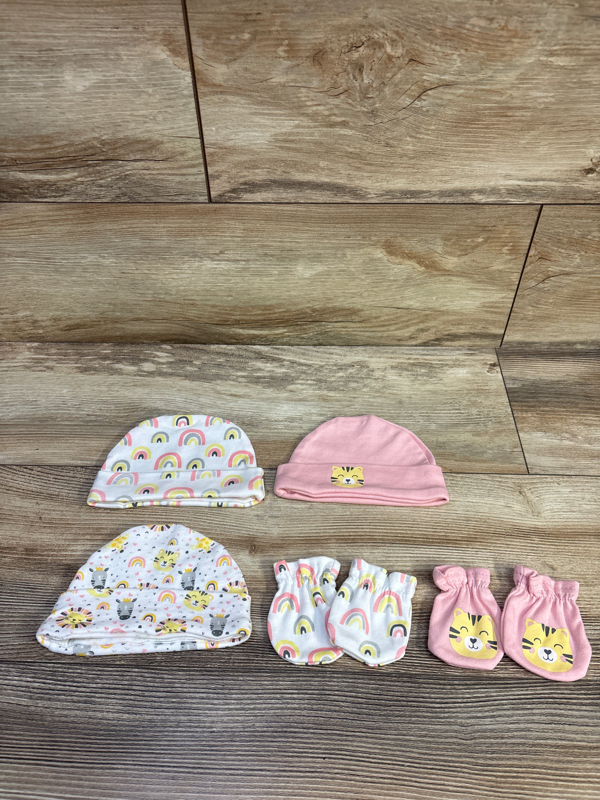 5pc Hat & Mittens Pink sz Newborn