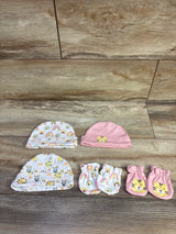 5pc Hat & Mittens Pink sz Newborn