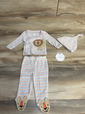 Striped baby clothes set with lion applique, pants with animal faces, and matching knotted hat on wooden floor