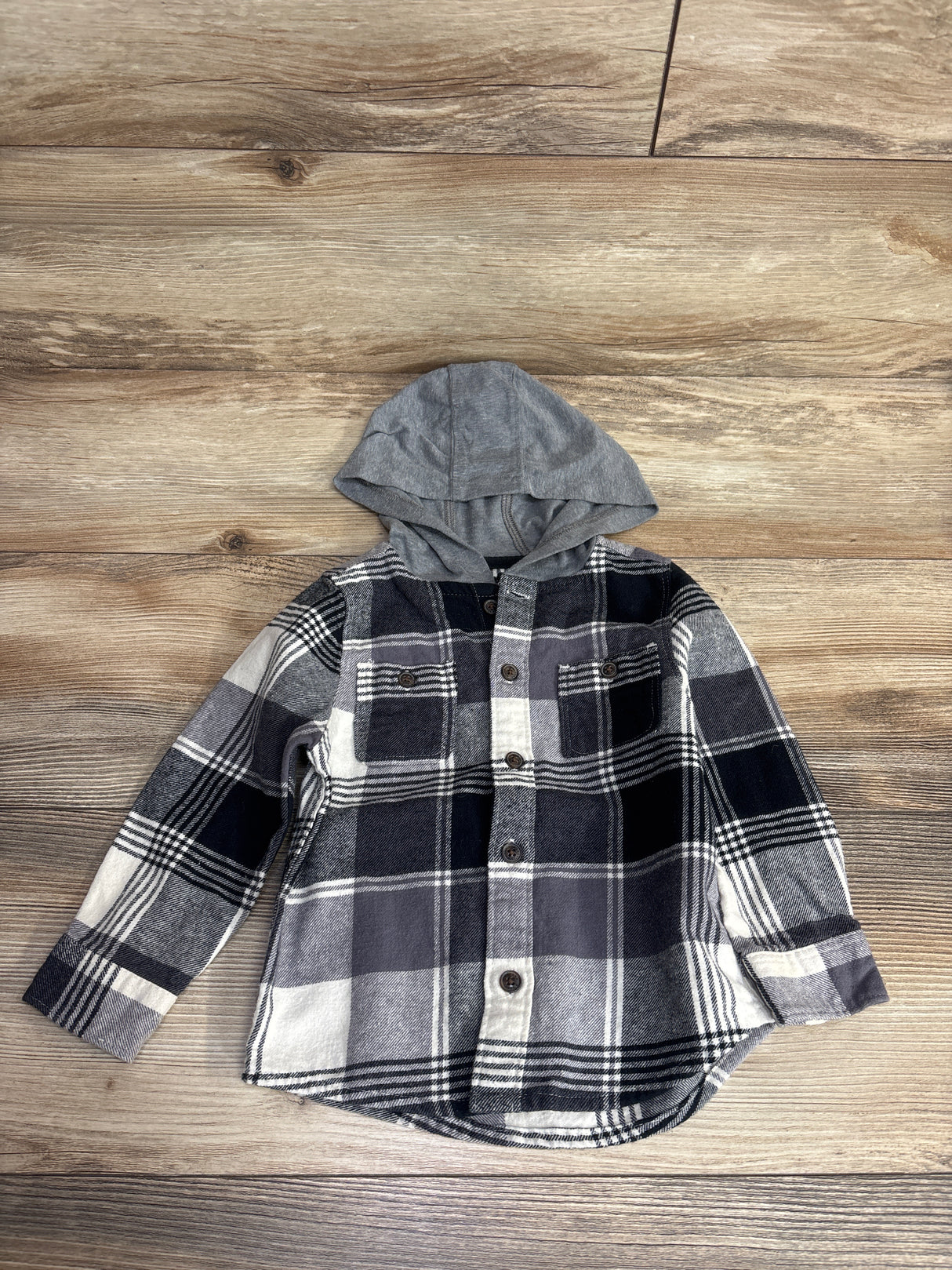 OshKosh Plaid Button Up Hooded Flannel Black sz 24m