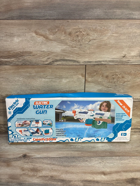 Front view of Electric Water Gun box showing blue-white toy, child model aiming the gun, and "Capacity 650ml" text on wooden surface