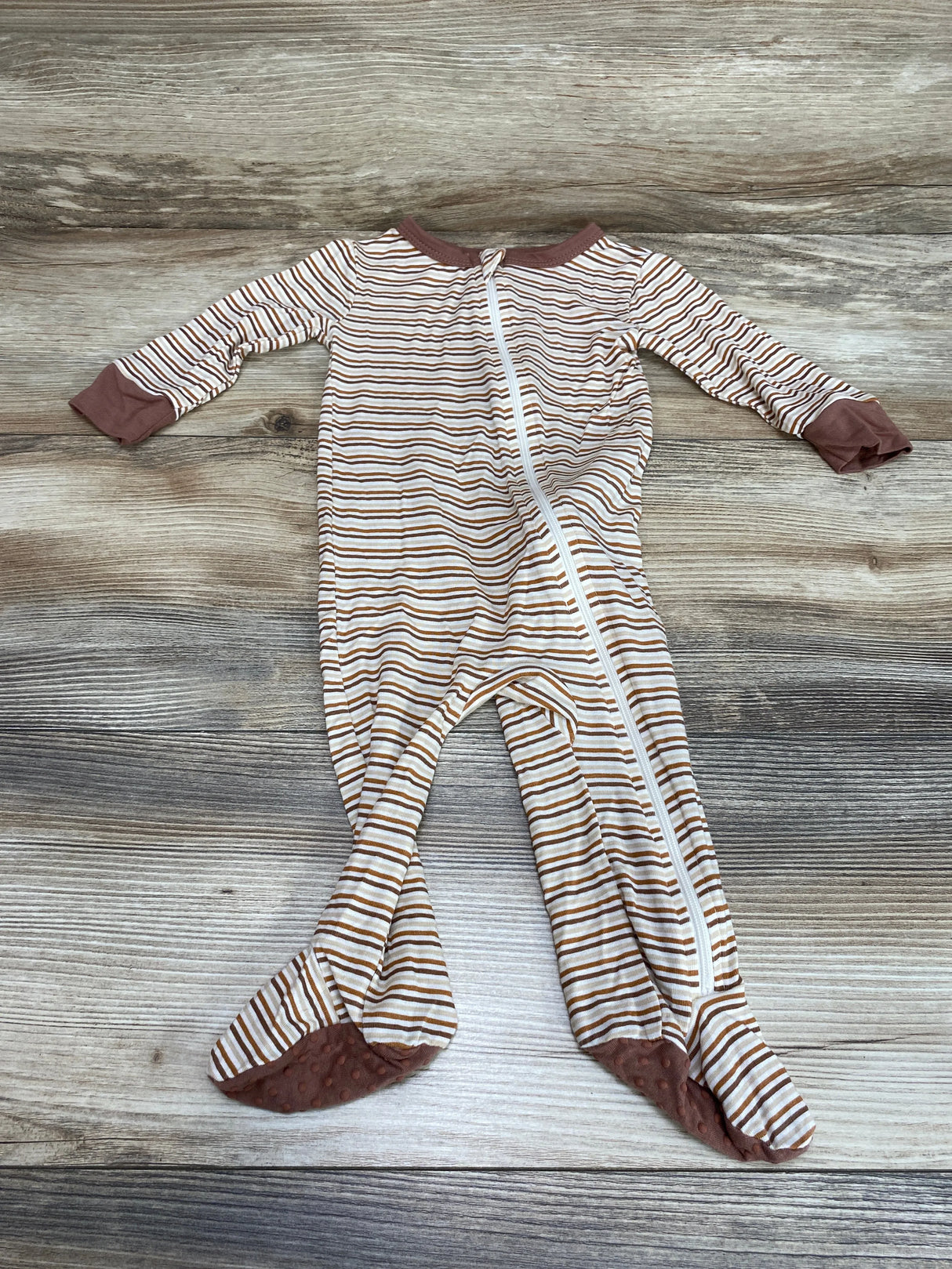 Tres Beau et Belle Brown Striped Bamboo Zipper Footie Sleeper sz 6-9