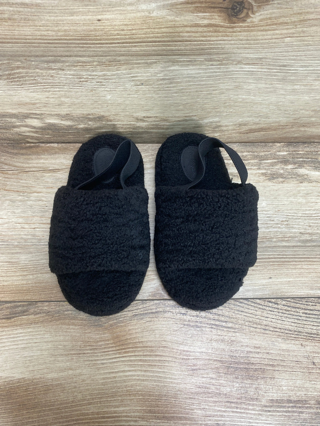 Cat & Jack Avi Single Strap Fur Slippers Black sz 9c/10c