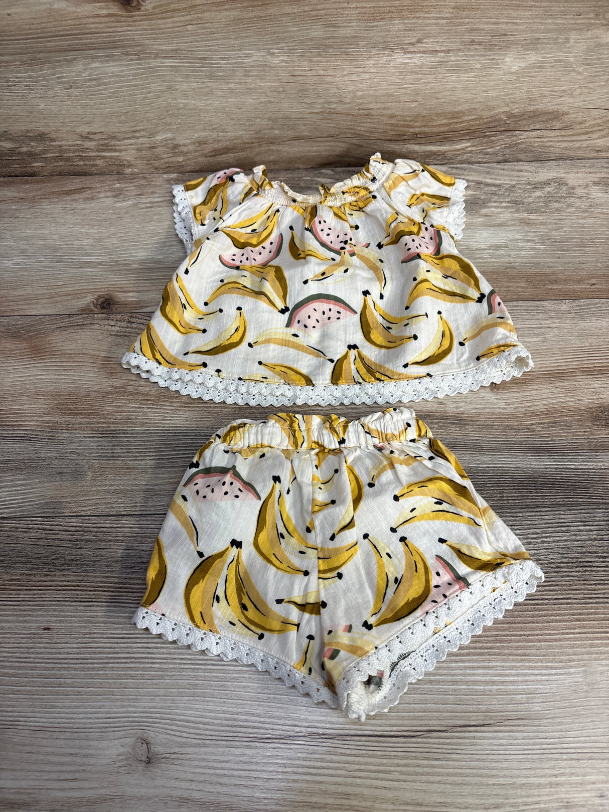 Old Navy 2pc Banana Print Scallop-Trim Top & Shorts White sz 3-6m