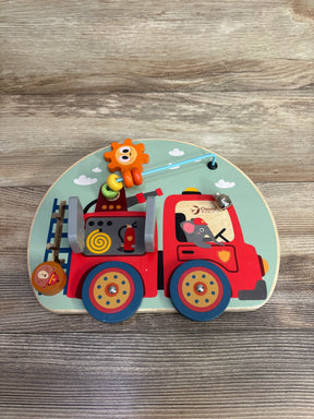 Wooden fire truck activity puzzle toy with animal designs on wooden background