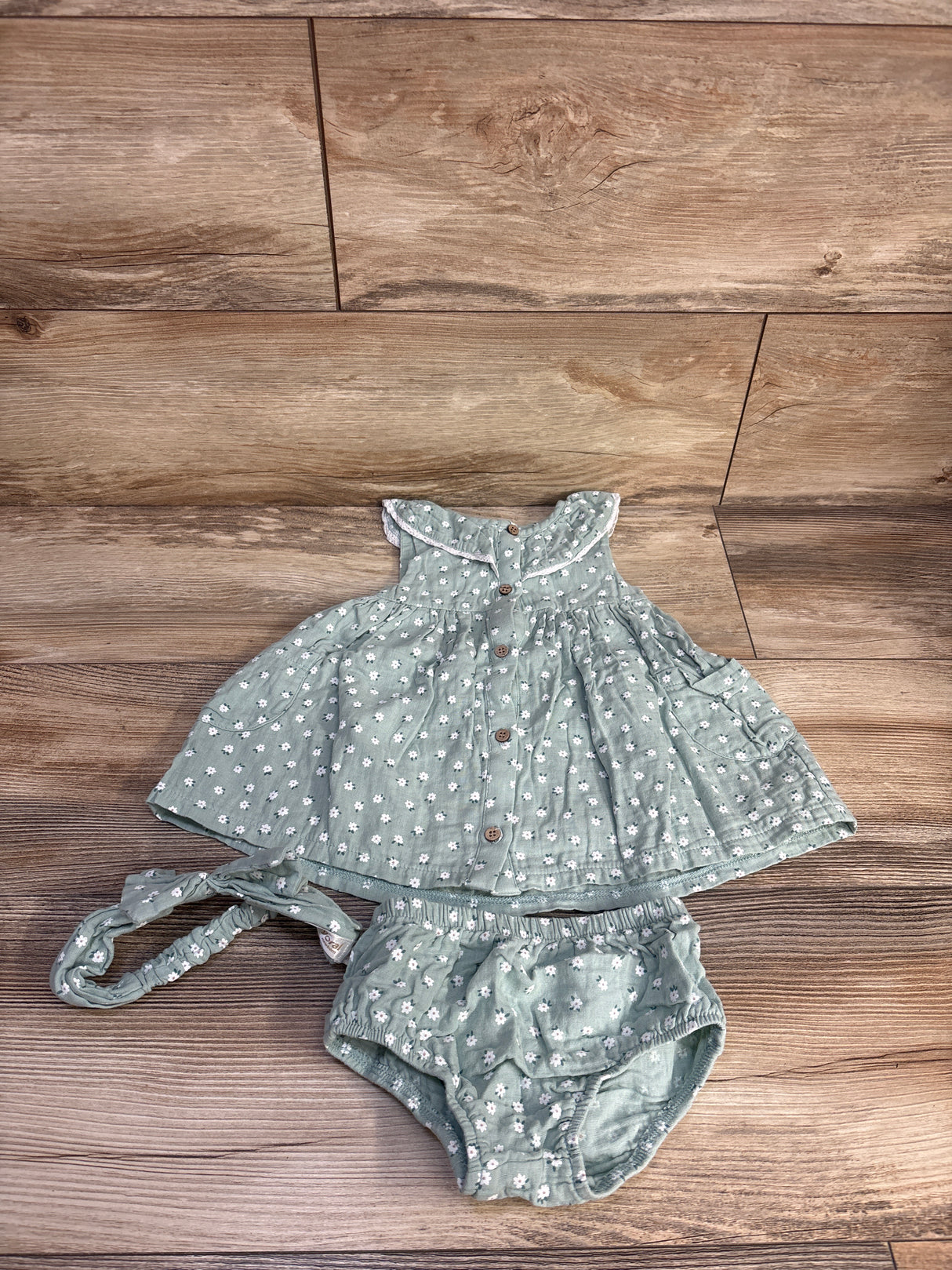 Mayoral 3pc Daisy Dress, Bloomers, & Headband Set Teal sz 6-9m