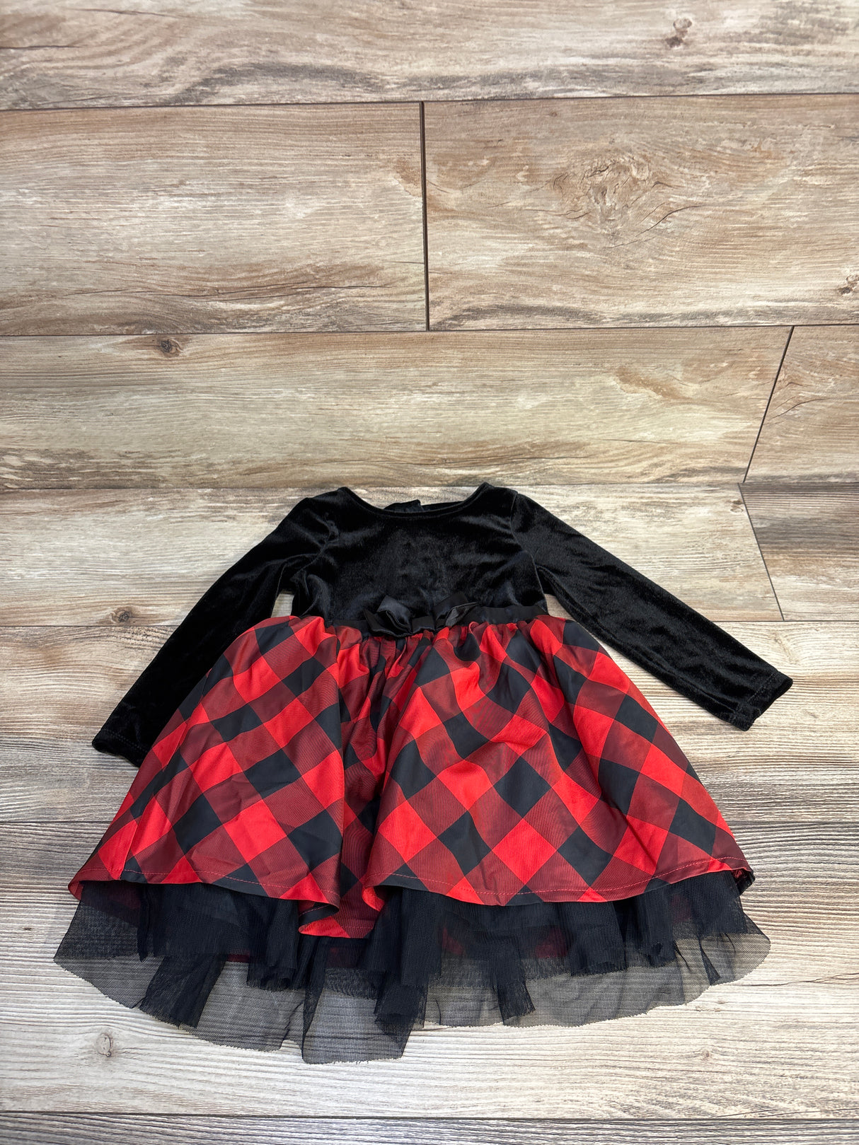Cat & Jack Velvet Long Sleeve Tulle Dress Buffalo Plaid Black sz 2T
