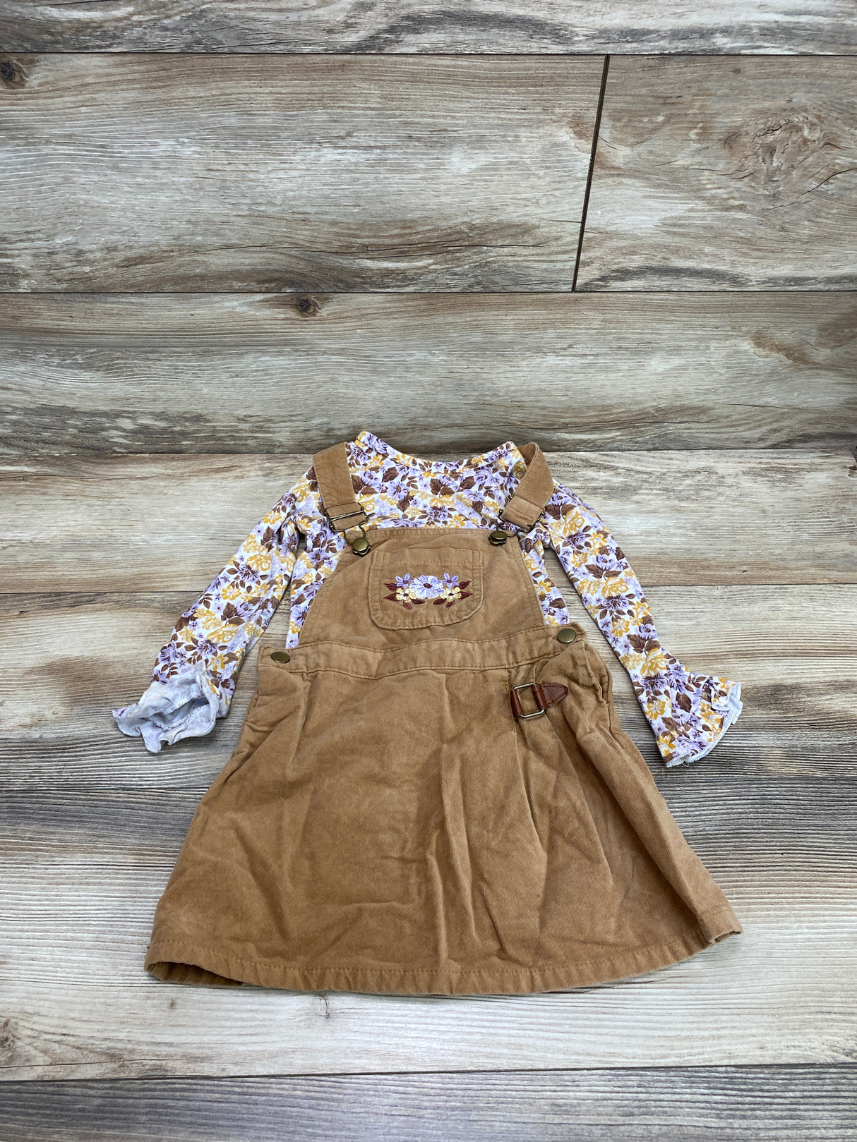 Little Lass 2pc Floral Shirt & Jumper Dress White/Brown sz 4T