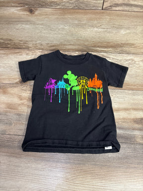 Black toddler t-shirt featuring colorful Disneyland icons and Mickey Mouse silhouette dripping paint design