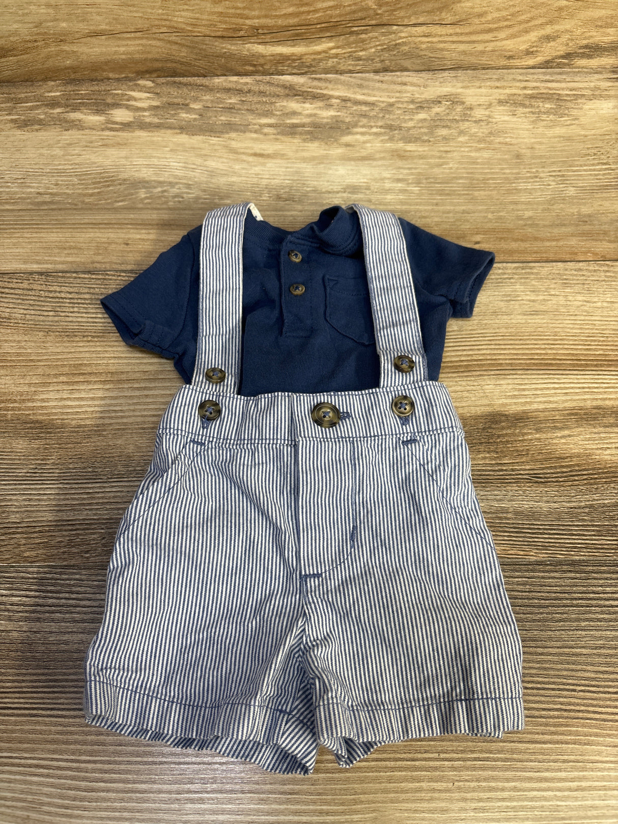 Just One You 2pc Henley Shirt & Striped Suspender Shorts Blue sz Newborn