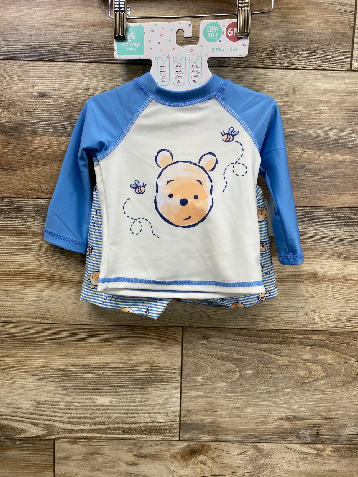 Baby blue long sleeve rash guard swim set with bear face and bees, UPF 50+, 6 months