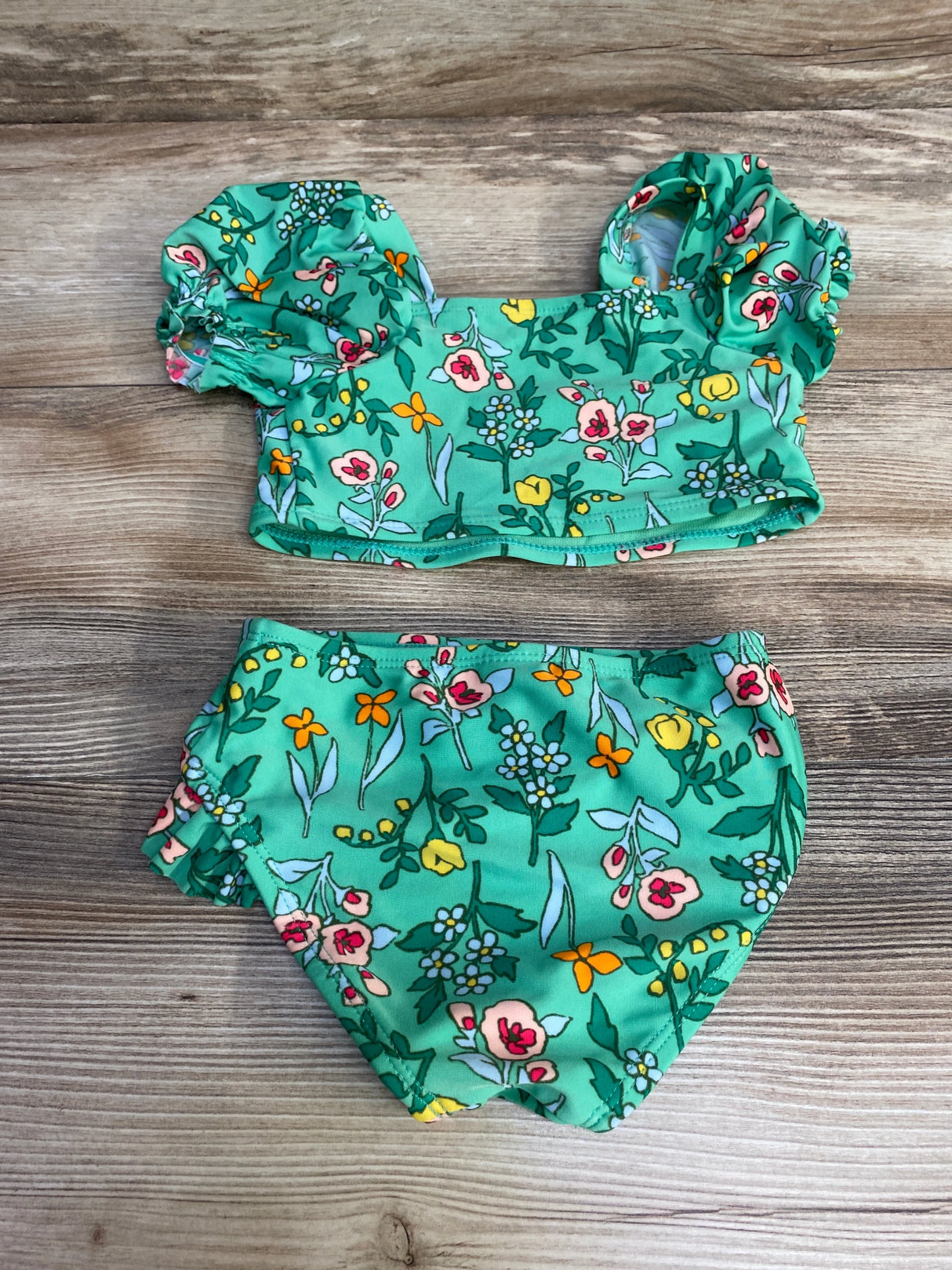 Cat & Jack 2pc Floral Puff Sleeve Swimsuit Green sz 3T