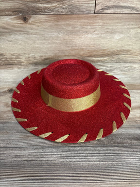 Red glitter cowboy hat with gold trim for kids costume or party wear