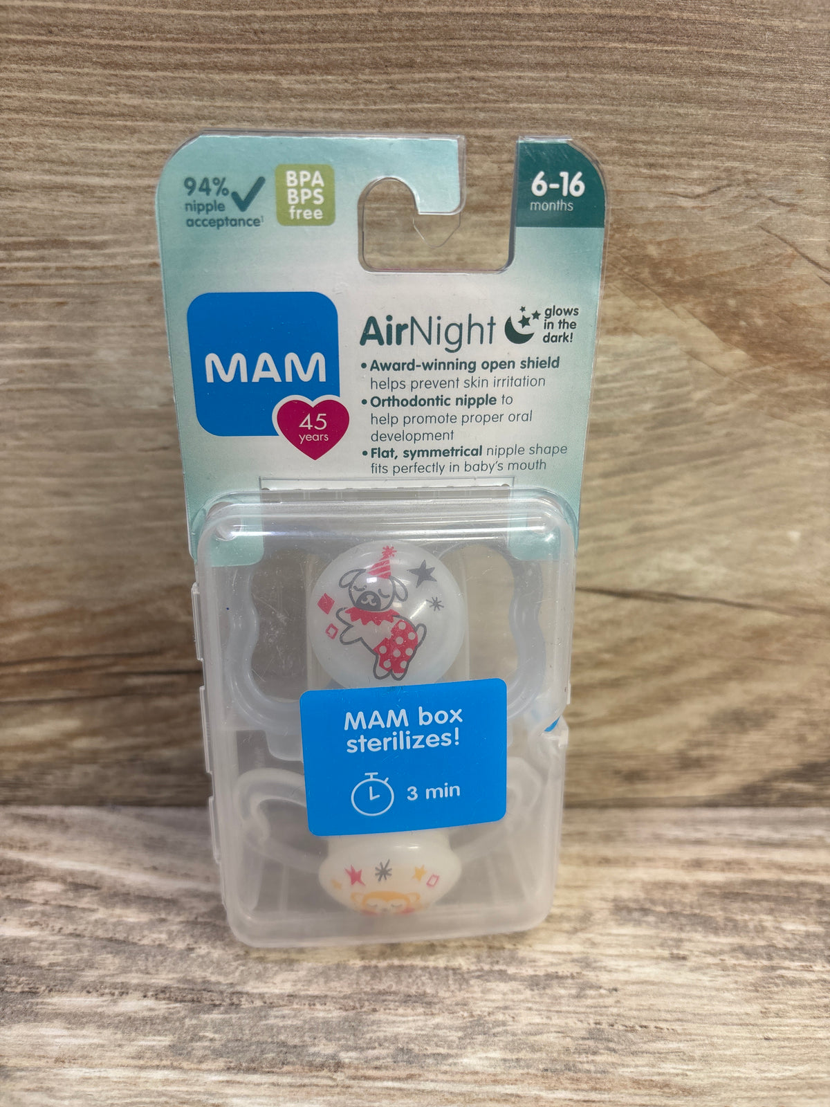 NEW MAM Air Night 2pk Pacifiers, Glow-in-the-Dark Clear 6-16m