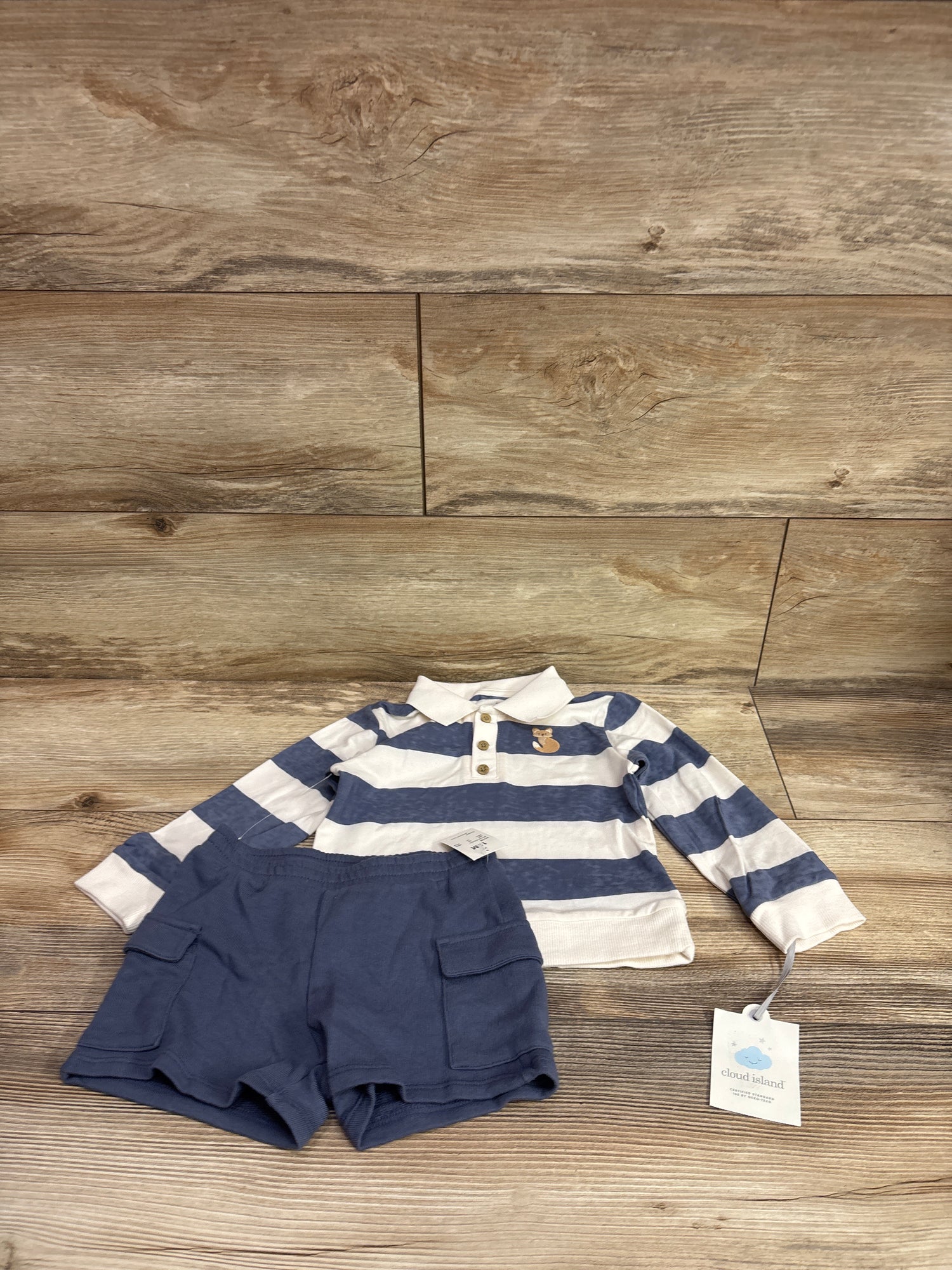 NEW Cloud Island 2pc Fox Striped Polo Shorts Set Blue sz 18m