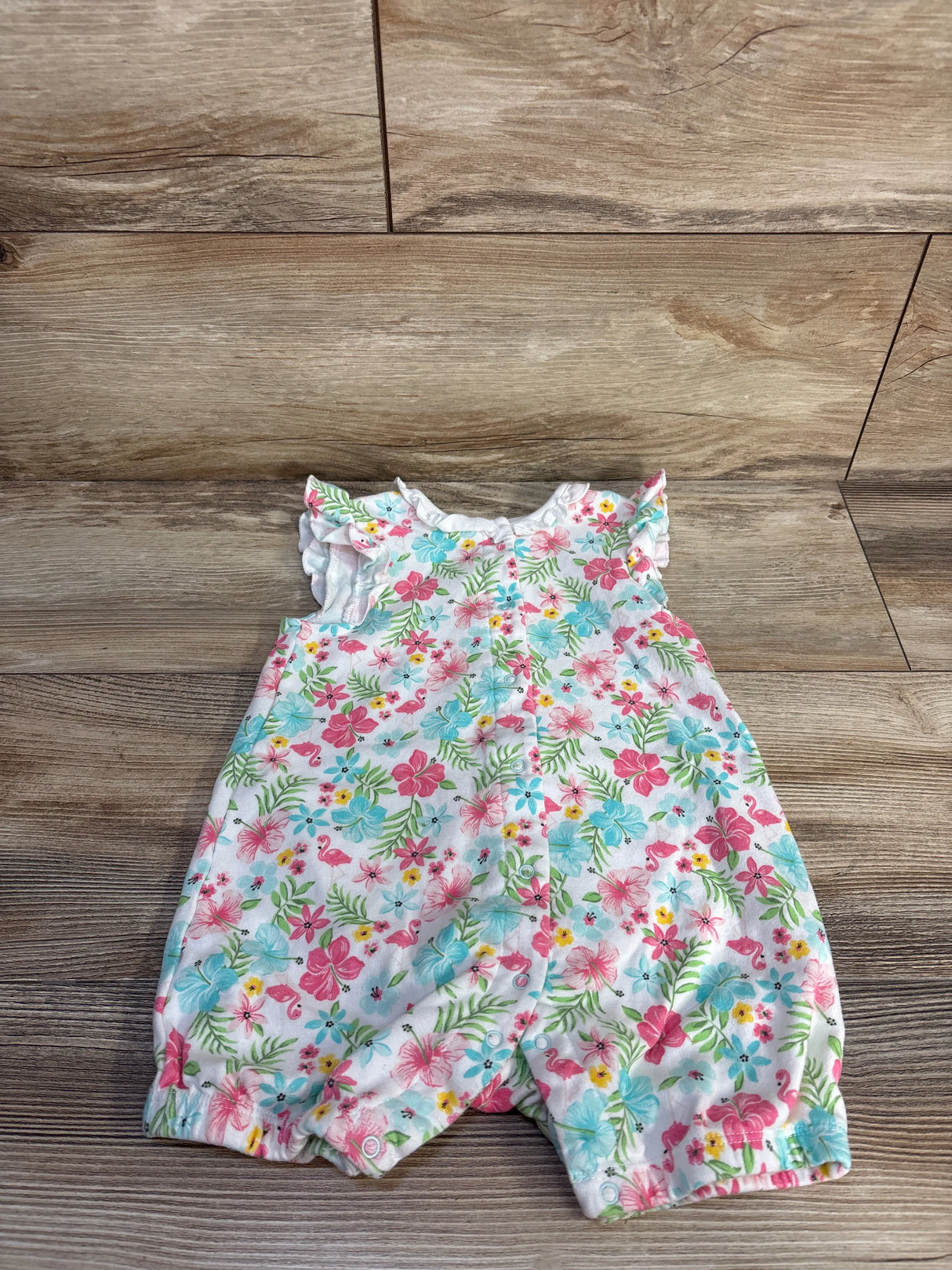 Little Me Floral Flamingo Button Front Shortie Romper White sz 18m