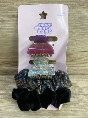 More Than Magic hair accessory set with purple and glittery white hair clips and two scrunchies