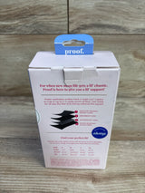 Rear view of Proof postpartum underwear box showing four-layer Leak-Loc diagram and size medium label on wooden surface